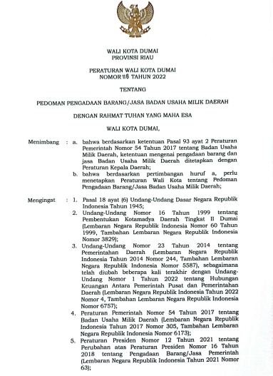 PERATURAN WALIKOTA DUMAI NOMOR 118 TAHUN 2022 TENTANG PEDOMAN PENGADAAN BARANG DAN/ATAU JASA BADAN USAHA MILIK DAERAH