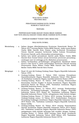 PERATURAN DAERAH KOTA DUMAI NOMOR 8 TAHUN 2021 TENTANG PENYESUAIAN NAMA BADAN USAHA MILIK DAERAH DAN TATA KELOLA BADAN USAHA MILIK DAERAH KOTA DUMAI